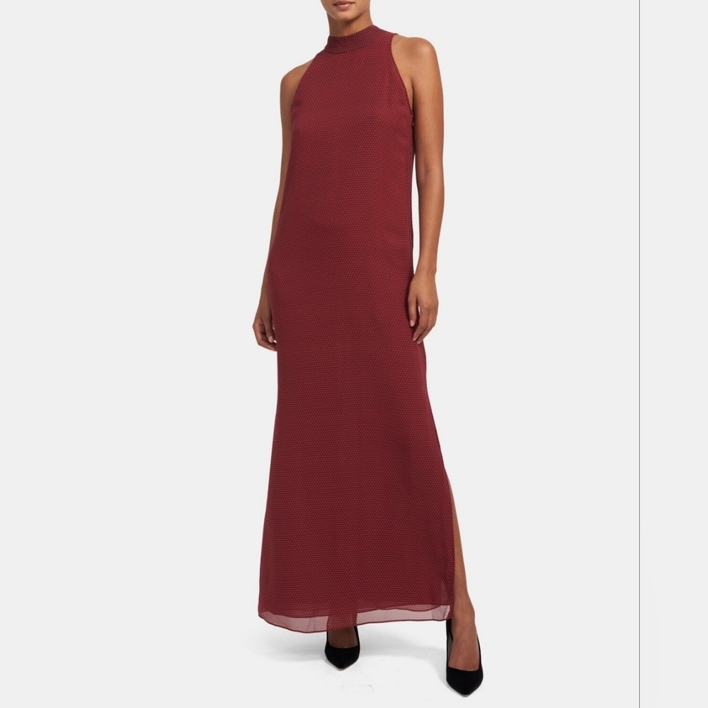 THEORY Silk Halter Dot Print Burgundy Maxi Dress | SZ 10
